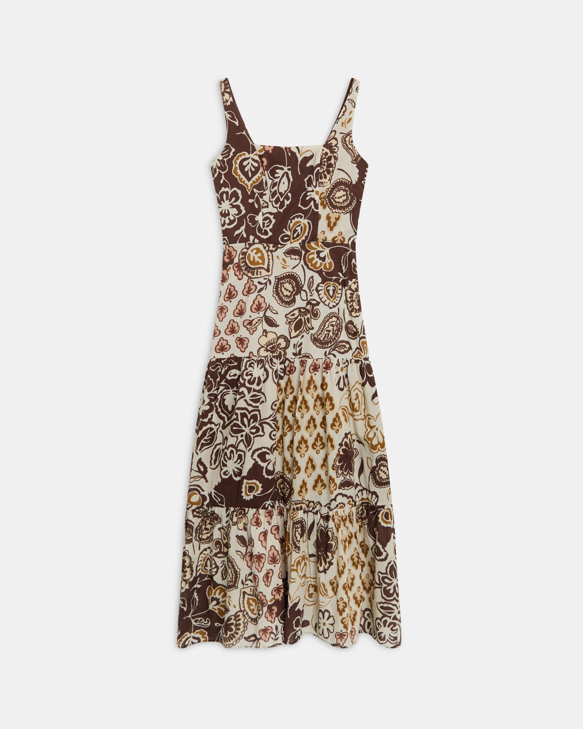 Vestido Tirantes Cortes Estampado Marrón