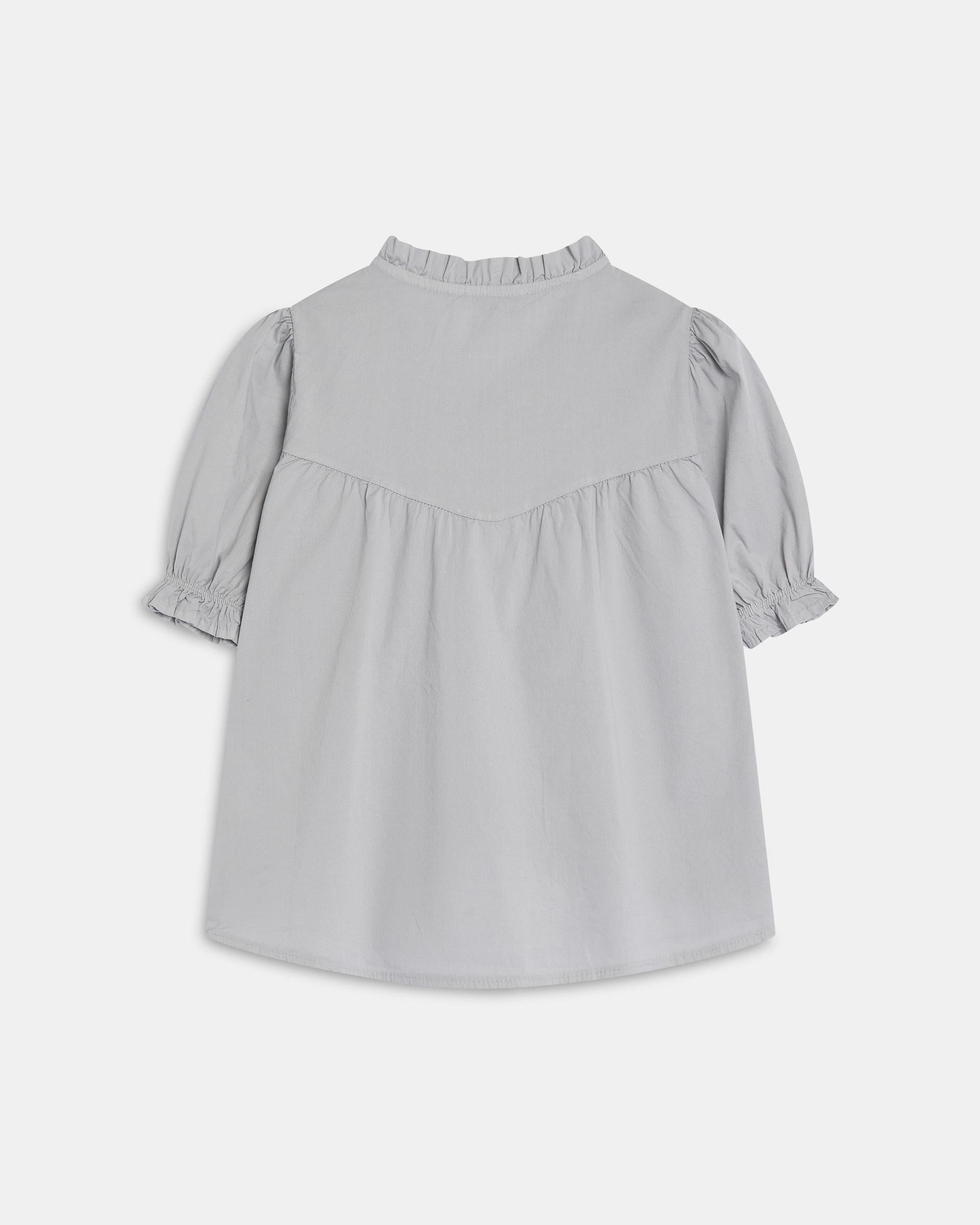 Blusa Manga Abullonada Canesú Pico Volantes Gris