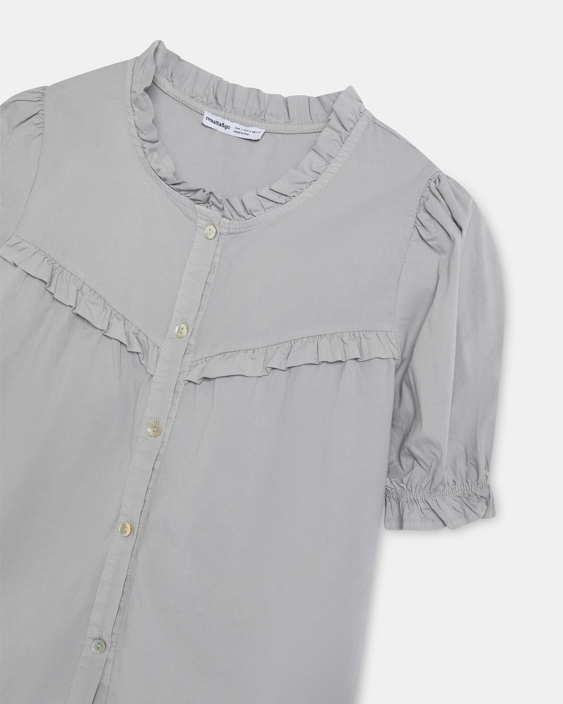 Blusa Manga Abullonada Canesú Pico Volantes Gris