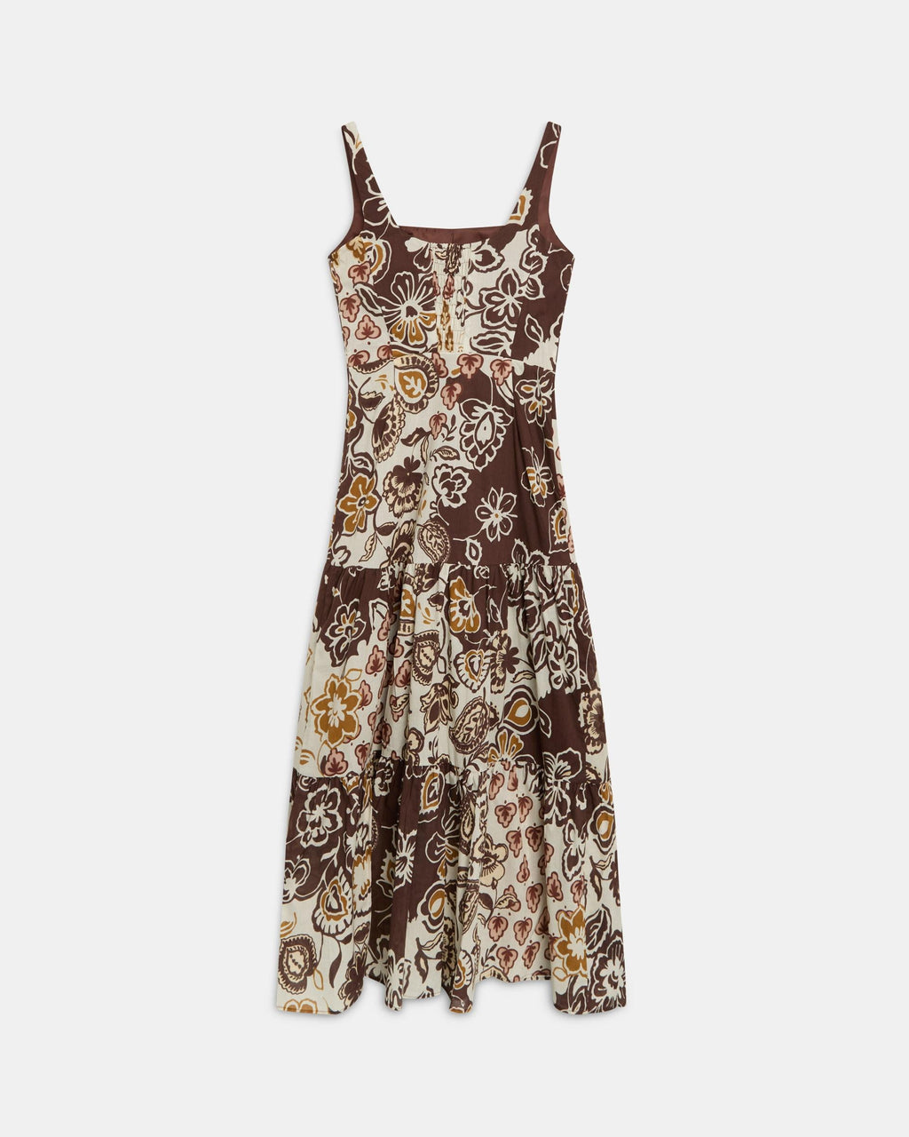 Vestido Tirantes Cortes Estampado Marrón
