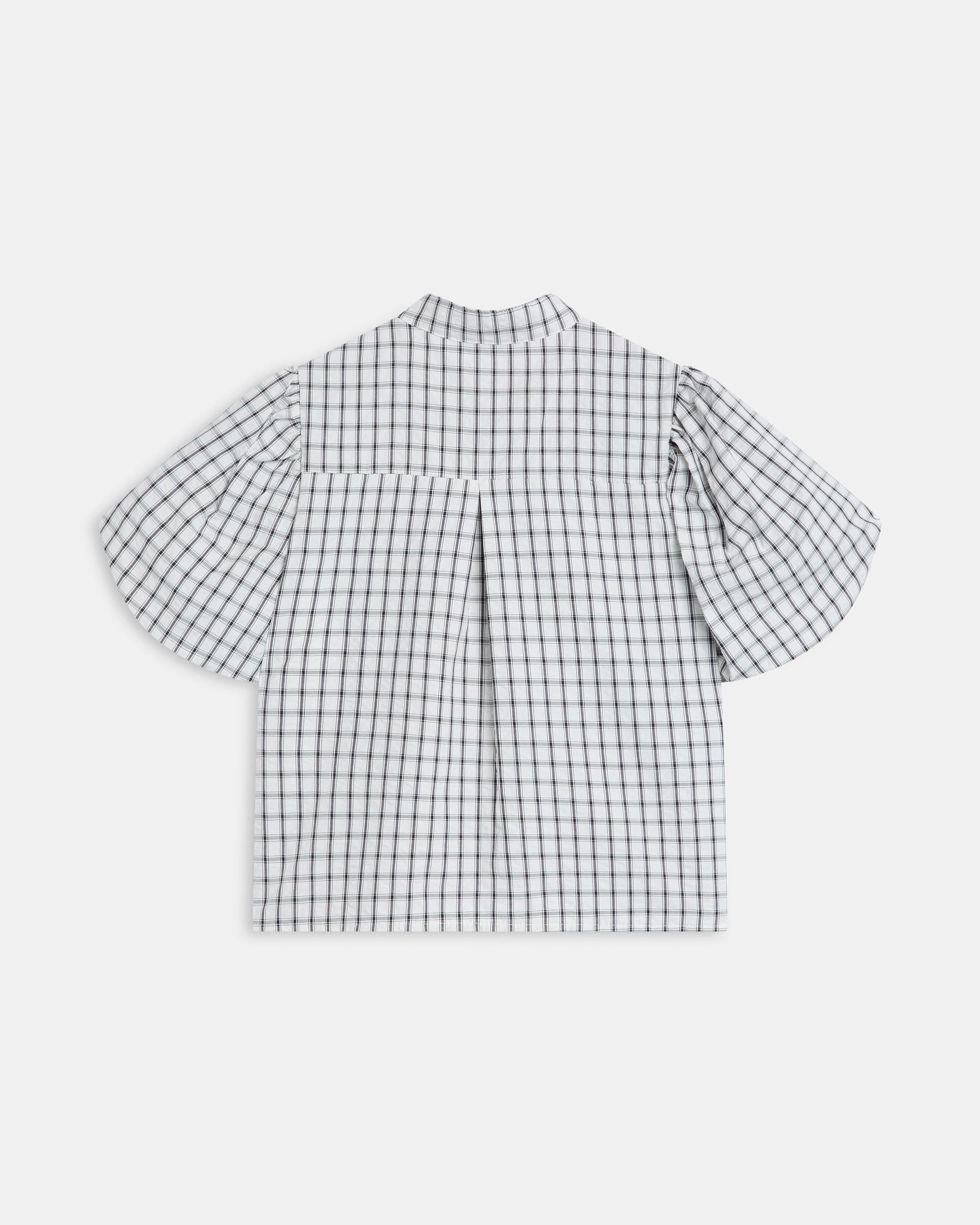 Blusa Manga Abullonada Cuadros Blanca