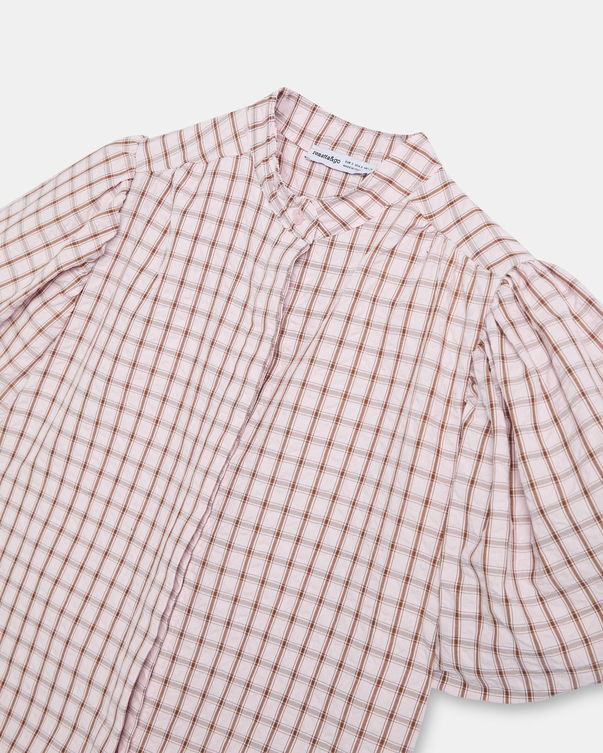 Blusa Manga Abullonada Cuadros Rosa