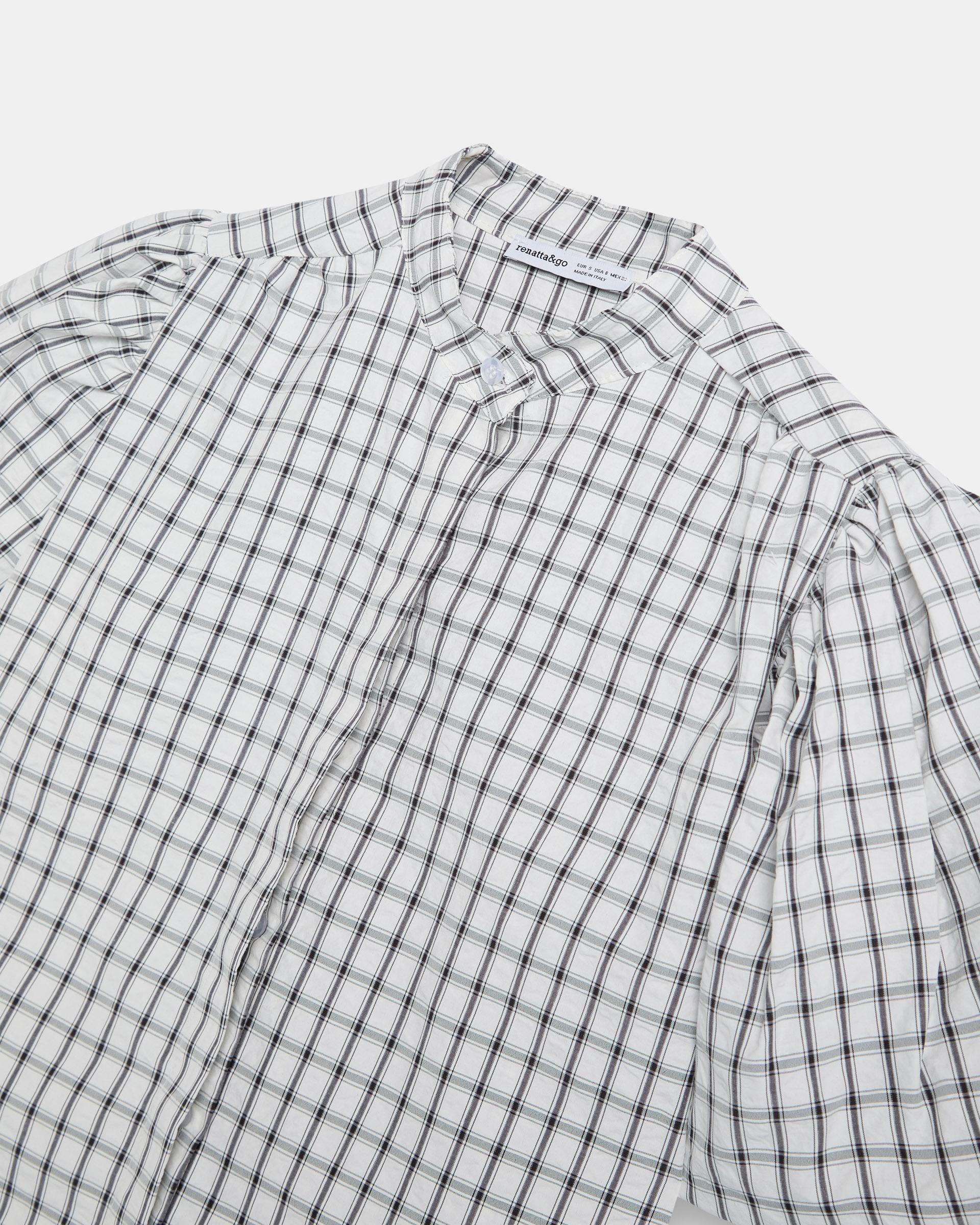 Blusa Manga Abullonada Cuadros Blanca