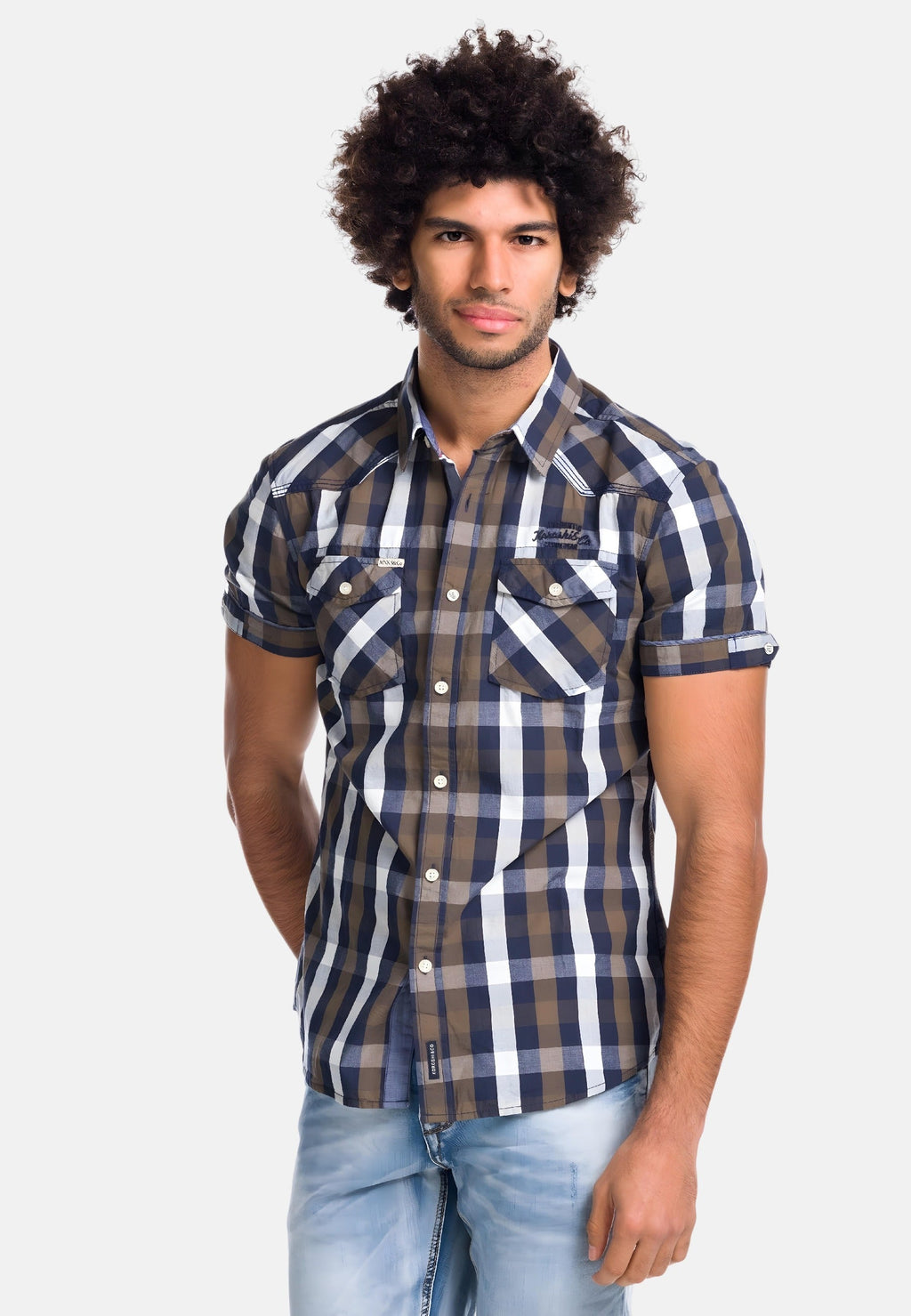 Camisa Hombre Manga Corta Cuadros Algodón Letras Bordadas – Koroshi 1811CC53