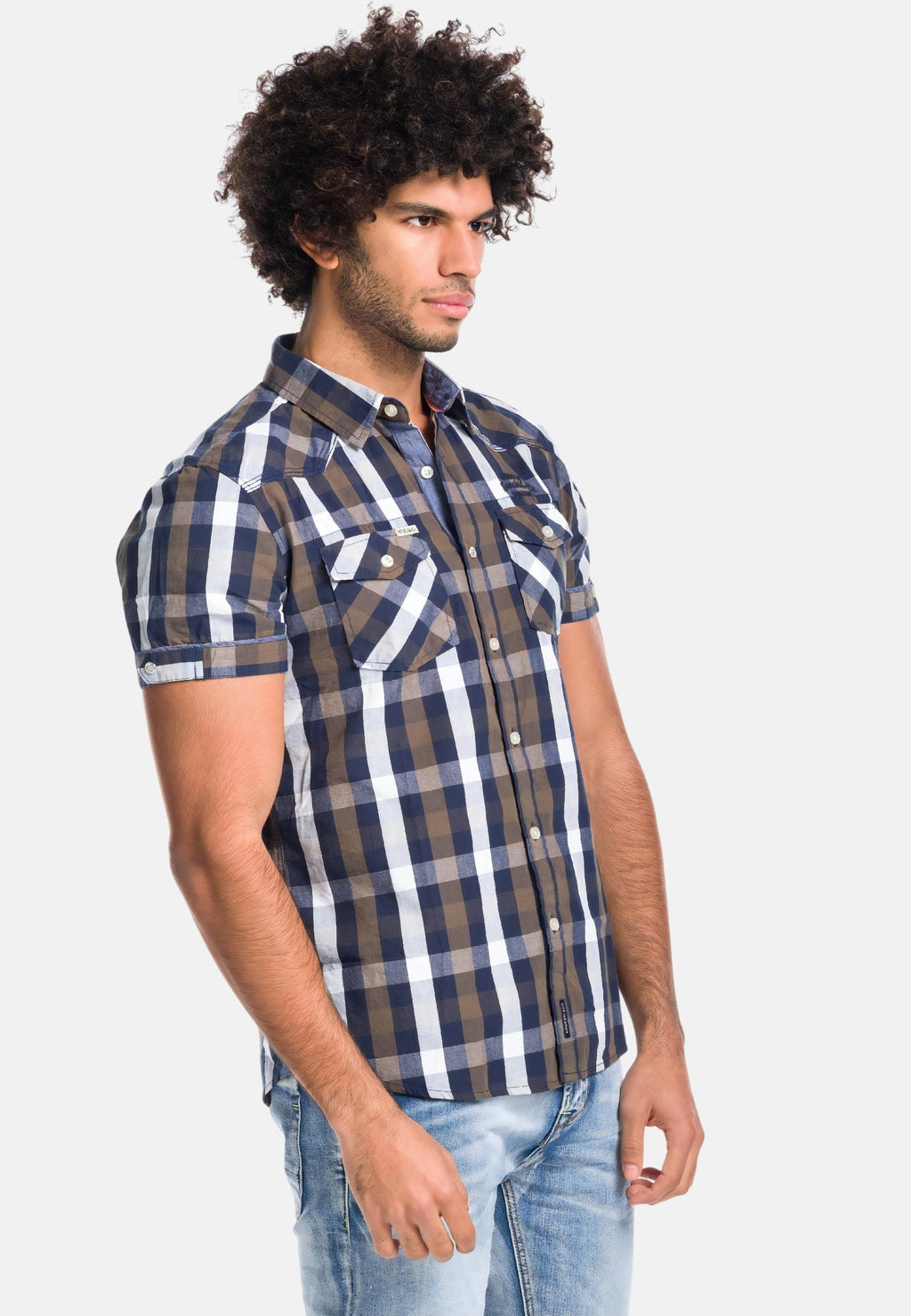 Camisa Hombre Manga Corta Cuadros Algodón Letras Bordadas – Koroshi 1811CC53