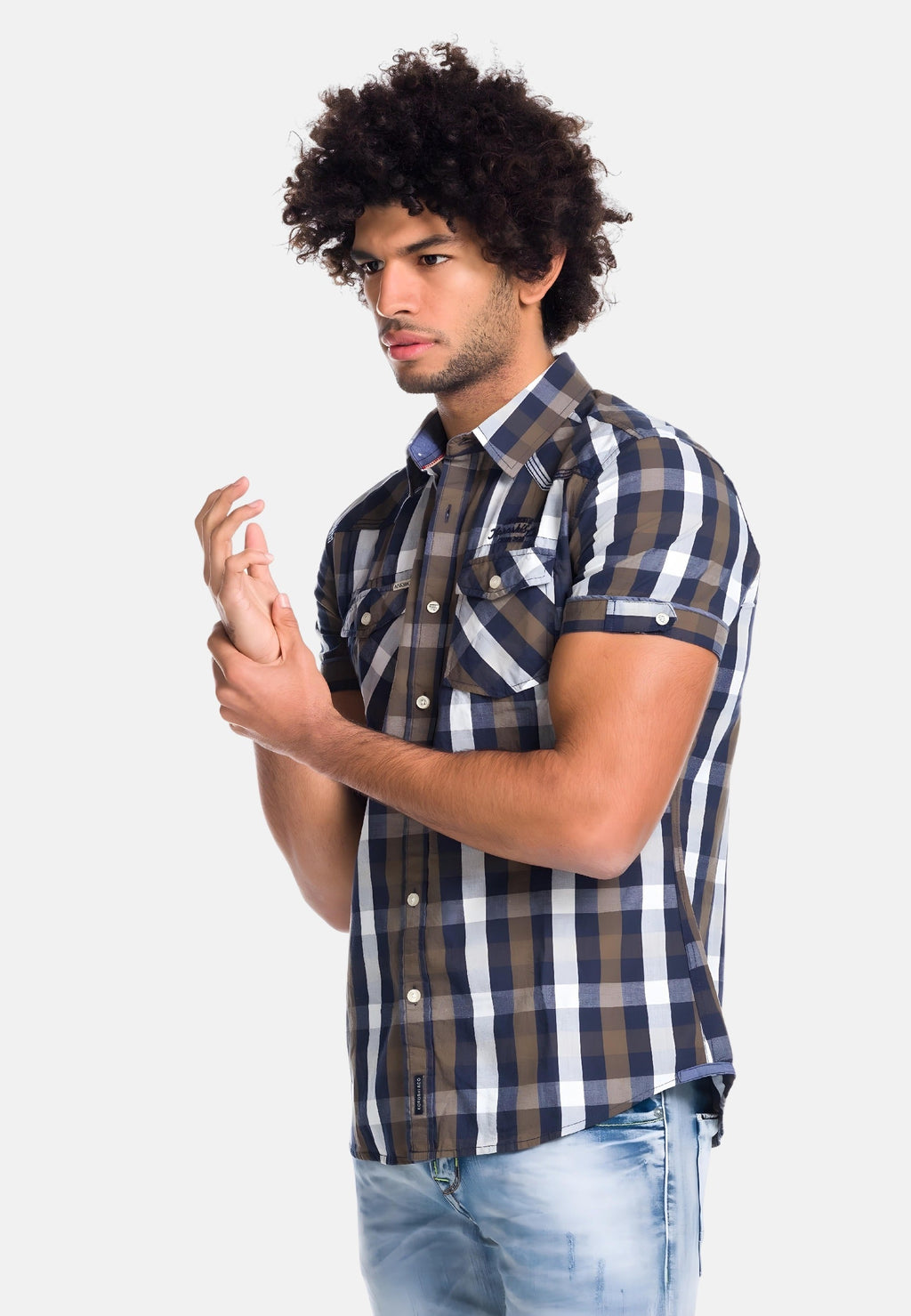 Camisa Hombre Manga Corta Cuadros Algodón Letras Bordadas – Koroshi 1811CC53