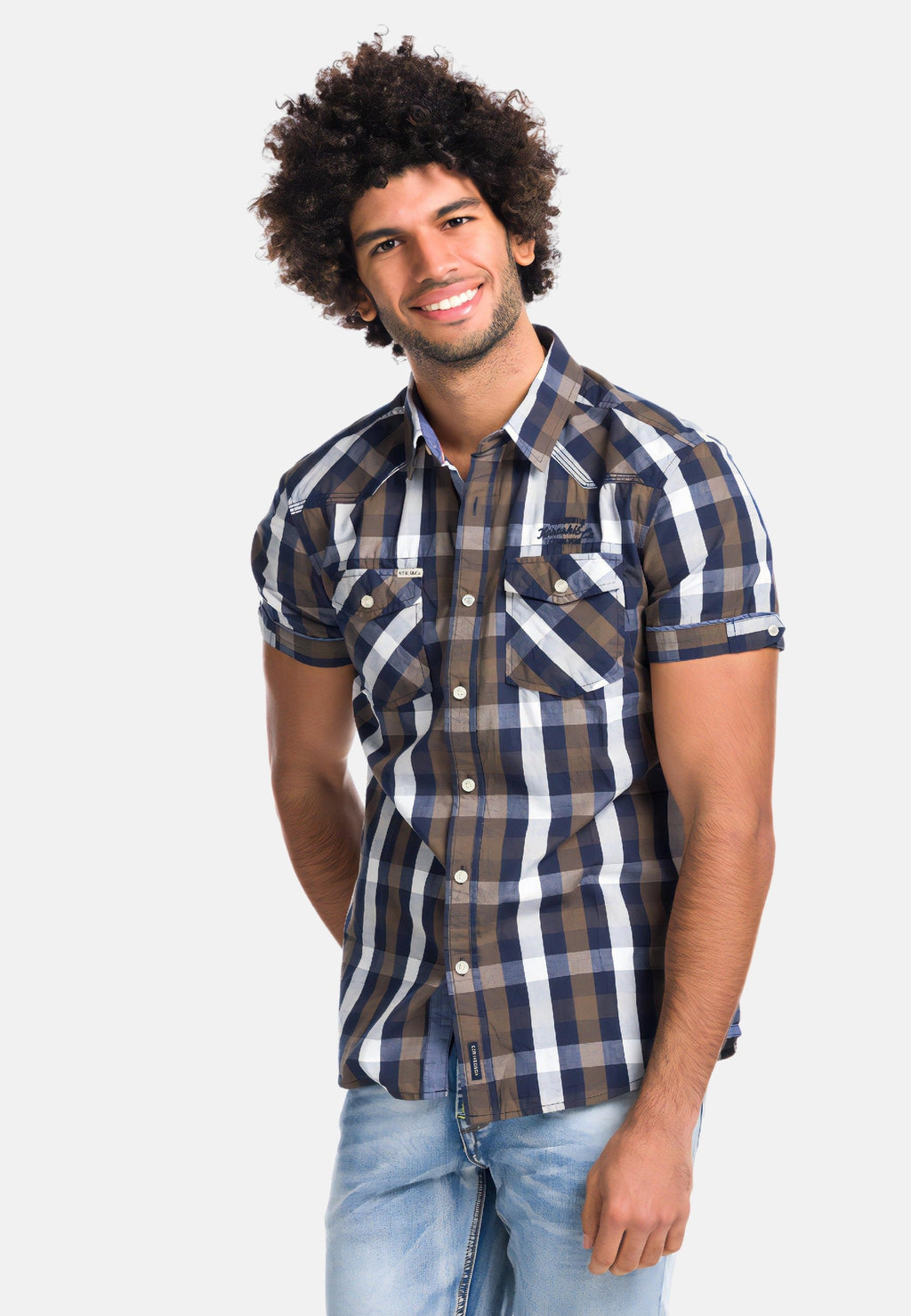 Camisa Hombre Manga Corta Cuadros Algodón Letras Bordadas – Koroshi 1811CC53