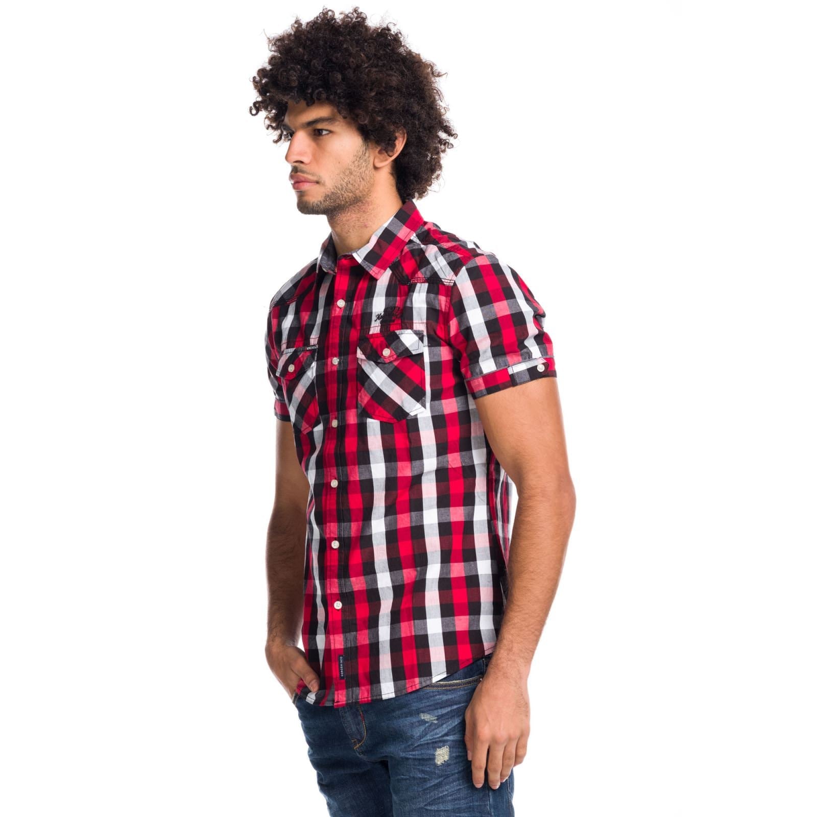 Camisa Hombre Manga Corta Cuadros Algodón Letras Bordadas – Koroshi 1811CC53