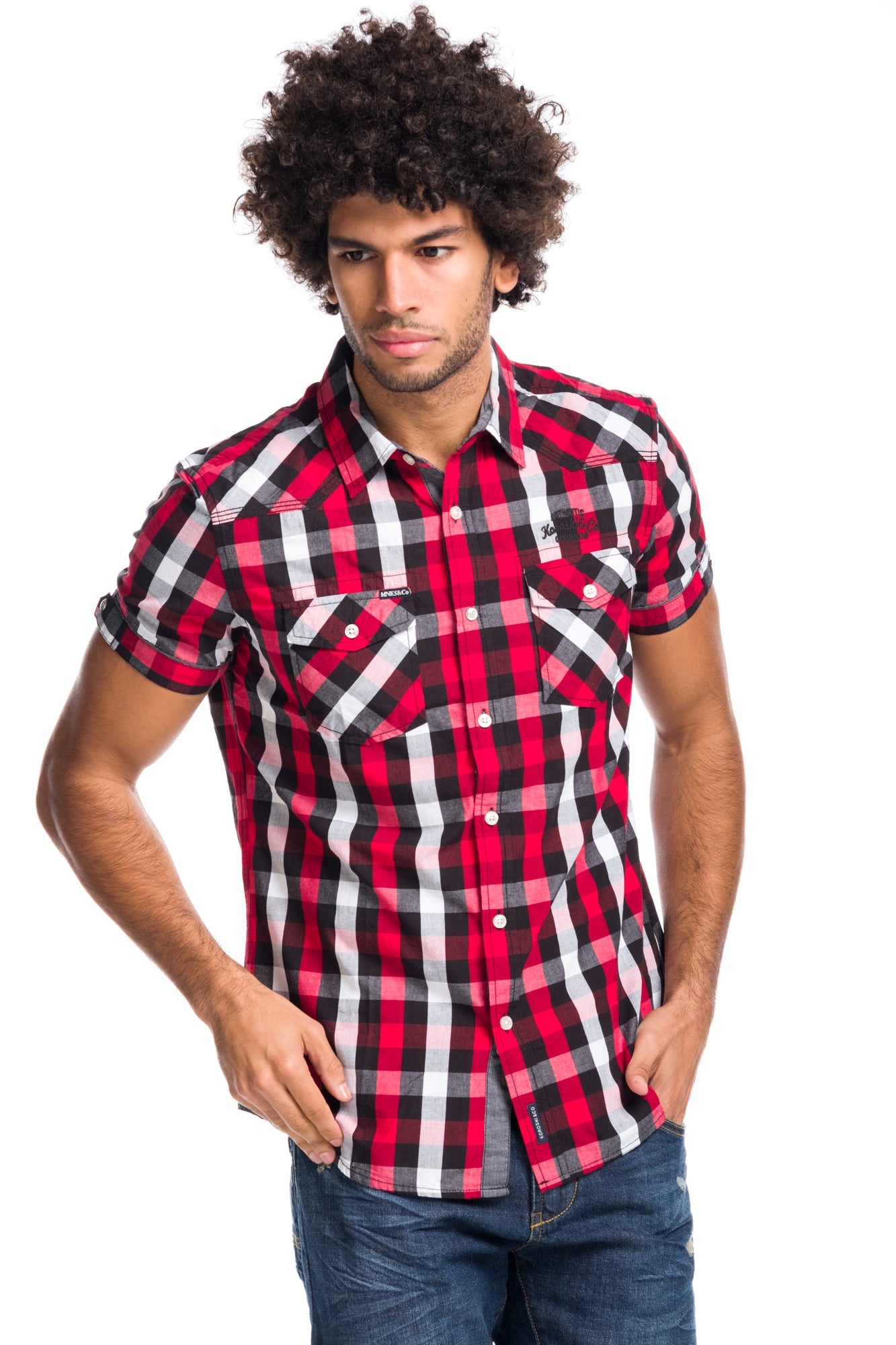 Camisa Hombre Manga Corta Cuadros Algodón Letras Bordadas – Koroshi 1811CC53