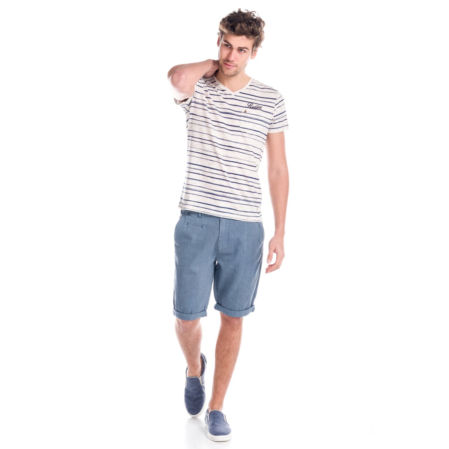 Camiseta Hombre Cuello Pico Rayas con Bolsillo – Koroshi 1811MC32