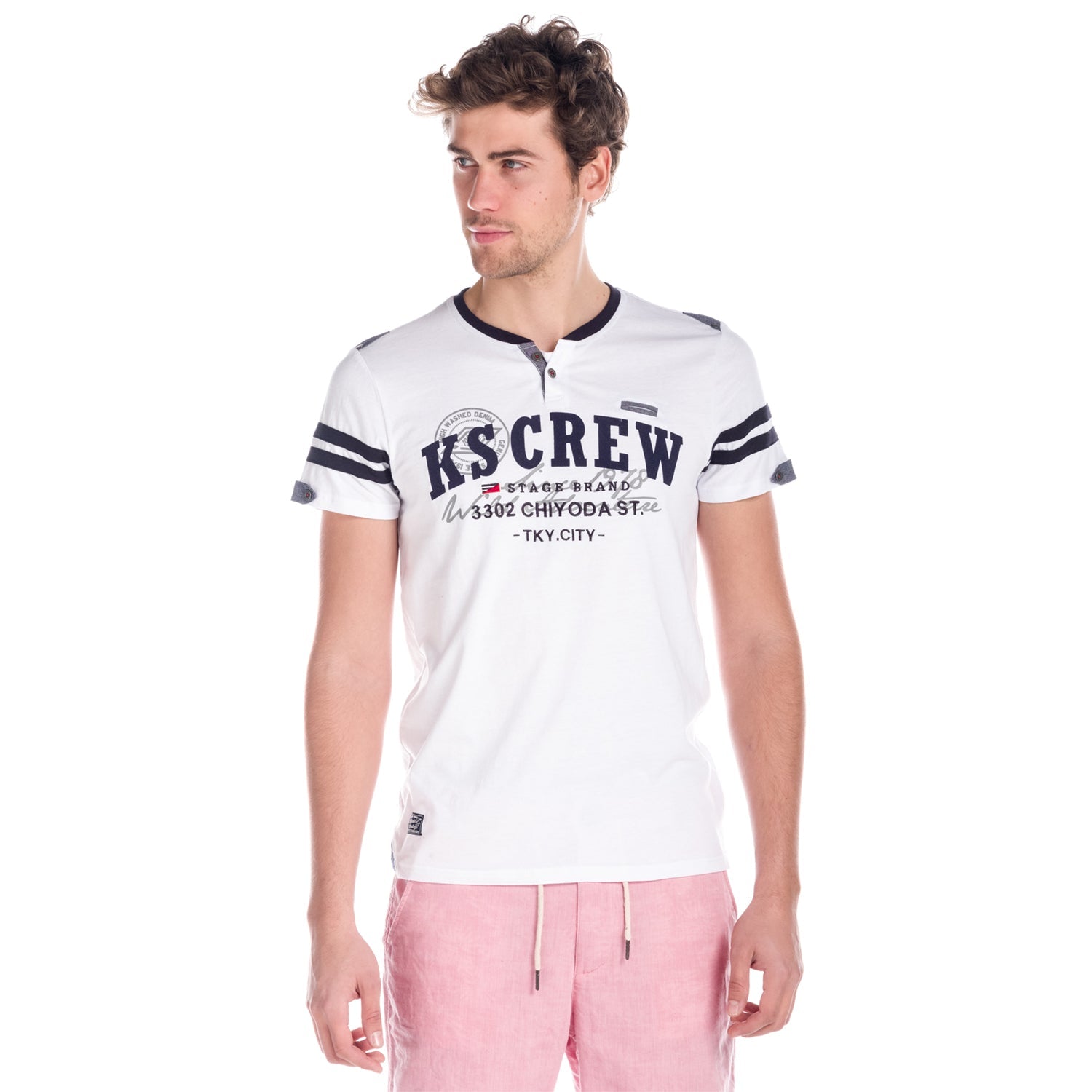 Camiseta Hombre Manga Corta Cuello Pico con Botones y Rayas – Koroshi 1811MC57