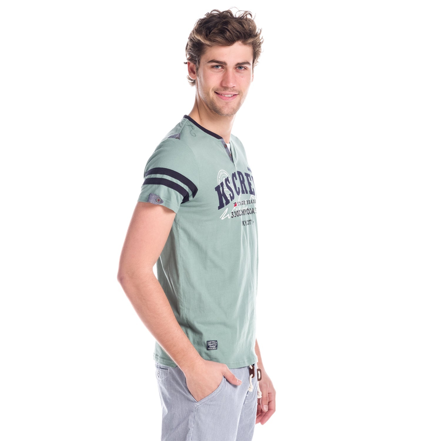 Camiseta Hombre Manga Corta Cuello Pico con Botones y Rayas – Koroshi 1811MC57