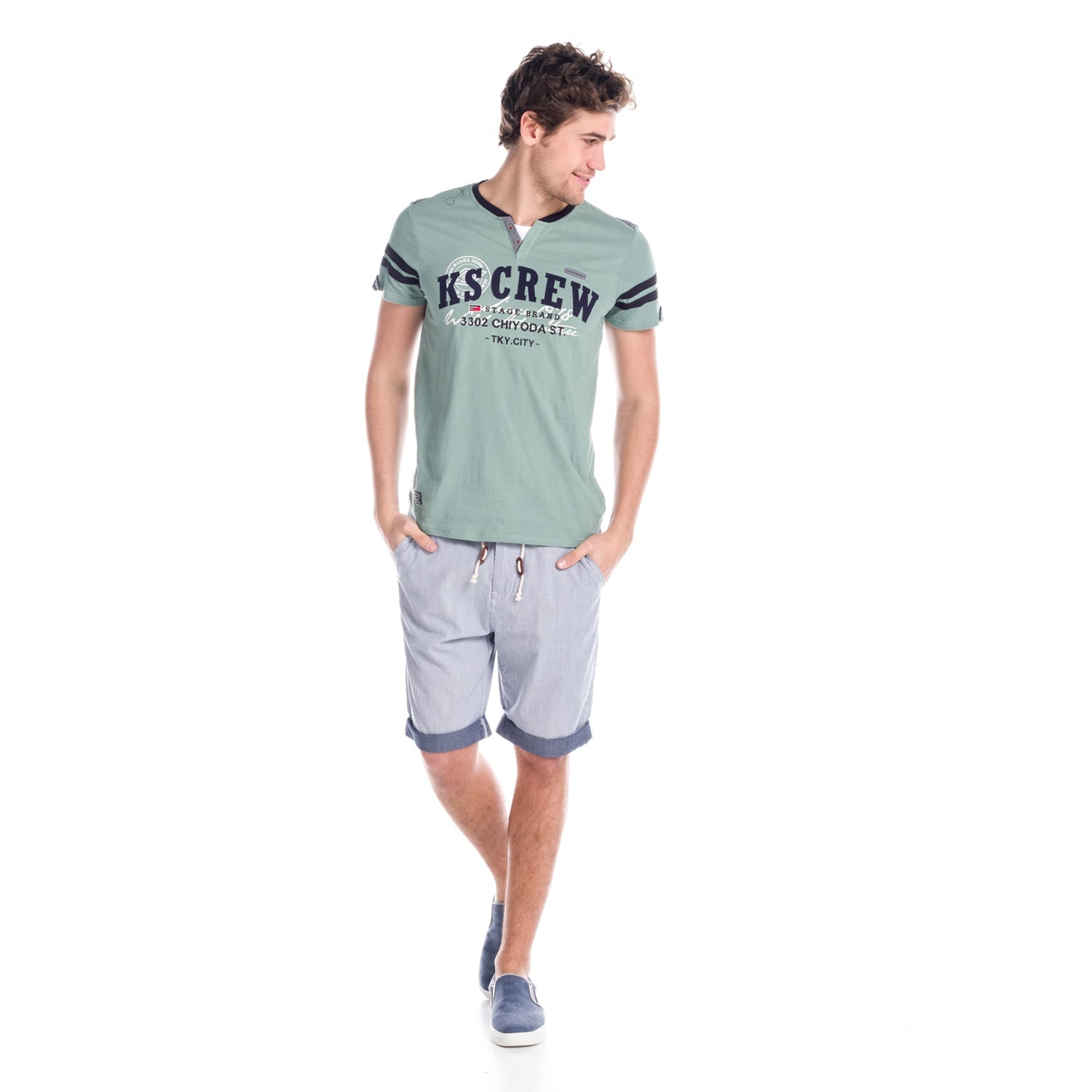 Camiseta Hombre Manga Corta Cuello Pico con Botones y Rayas – Koroshi 1811MC57