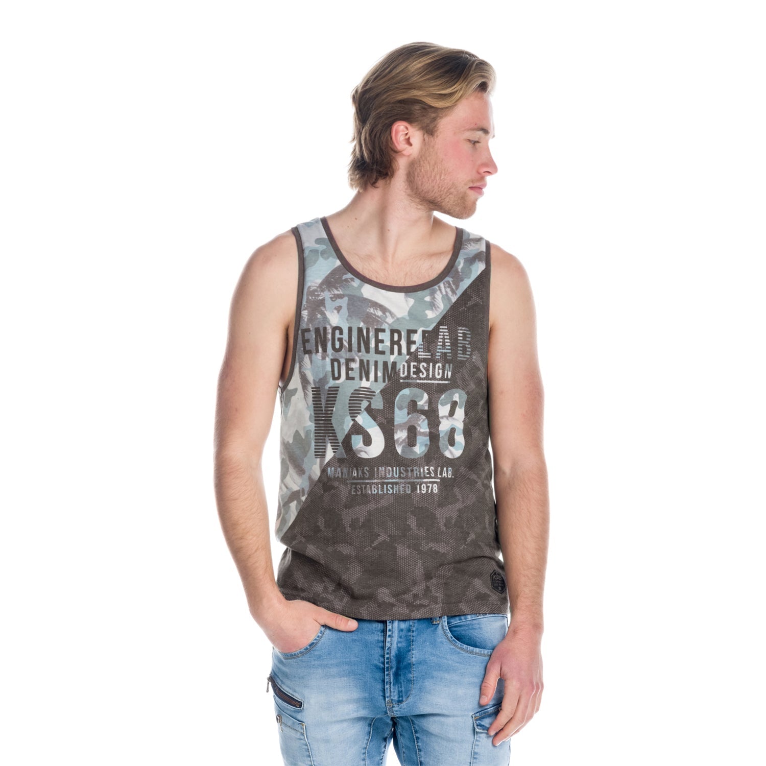 Camiseta Sin Mangas Hombre Estampado Camuflaje – Koroshi Gris
