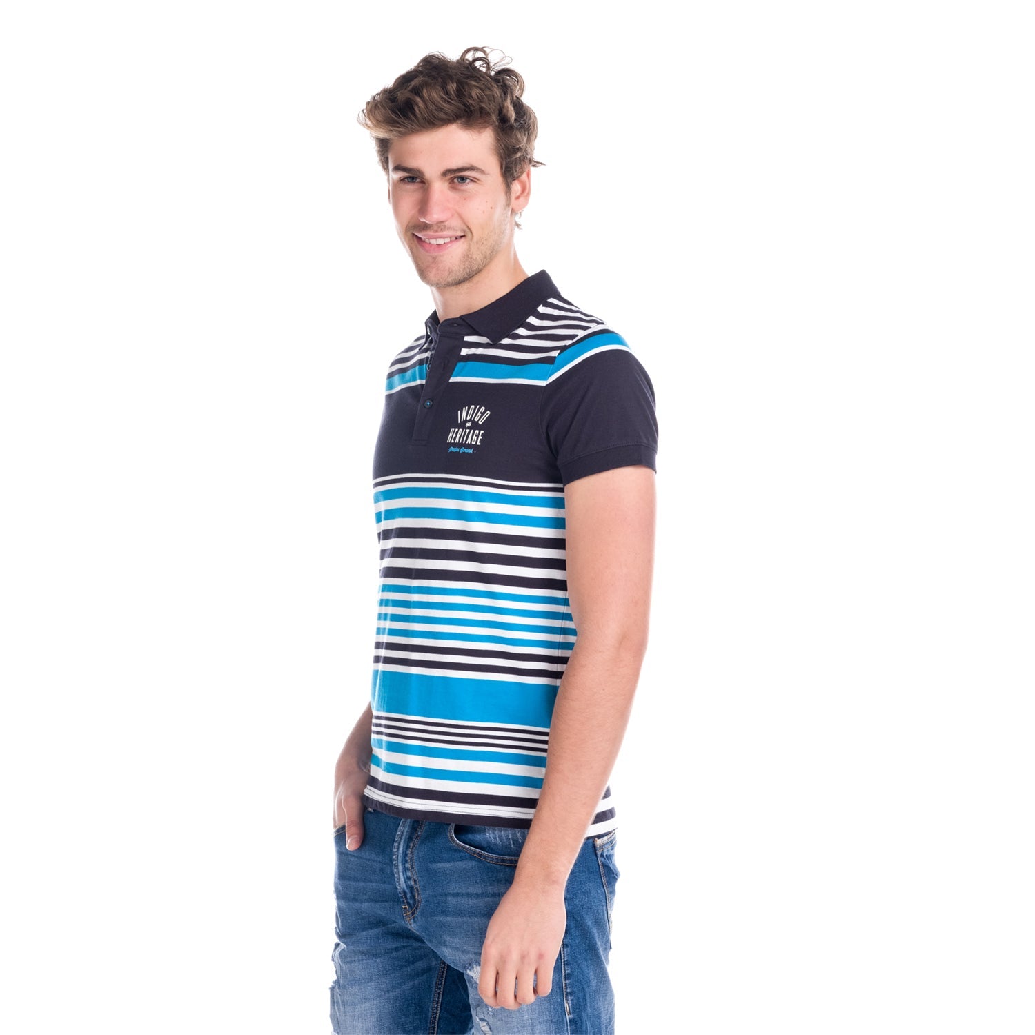Polo Manga Corta Hombre Rayas Estampado Índigo – Koroshi 1811PC17