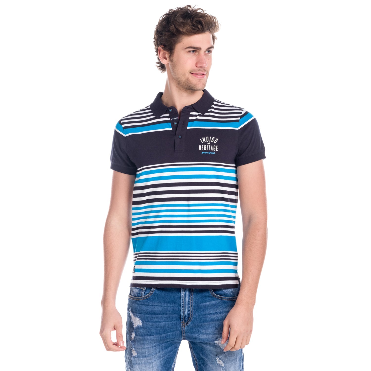 Polo Manga Corta Hombre Rayas Estampado Índigo – Koroshi 1811PC17