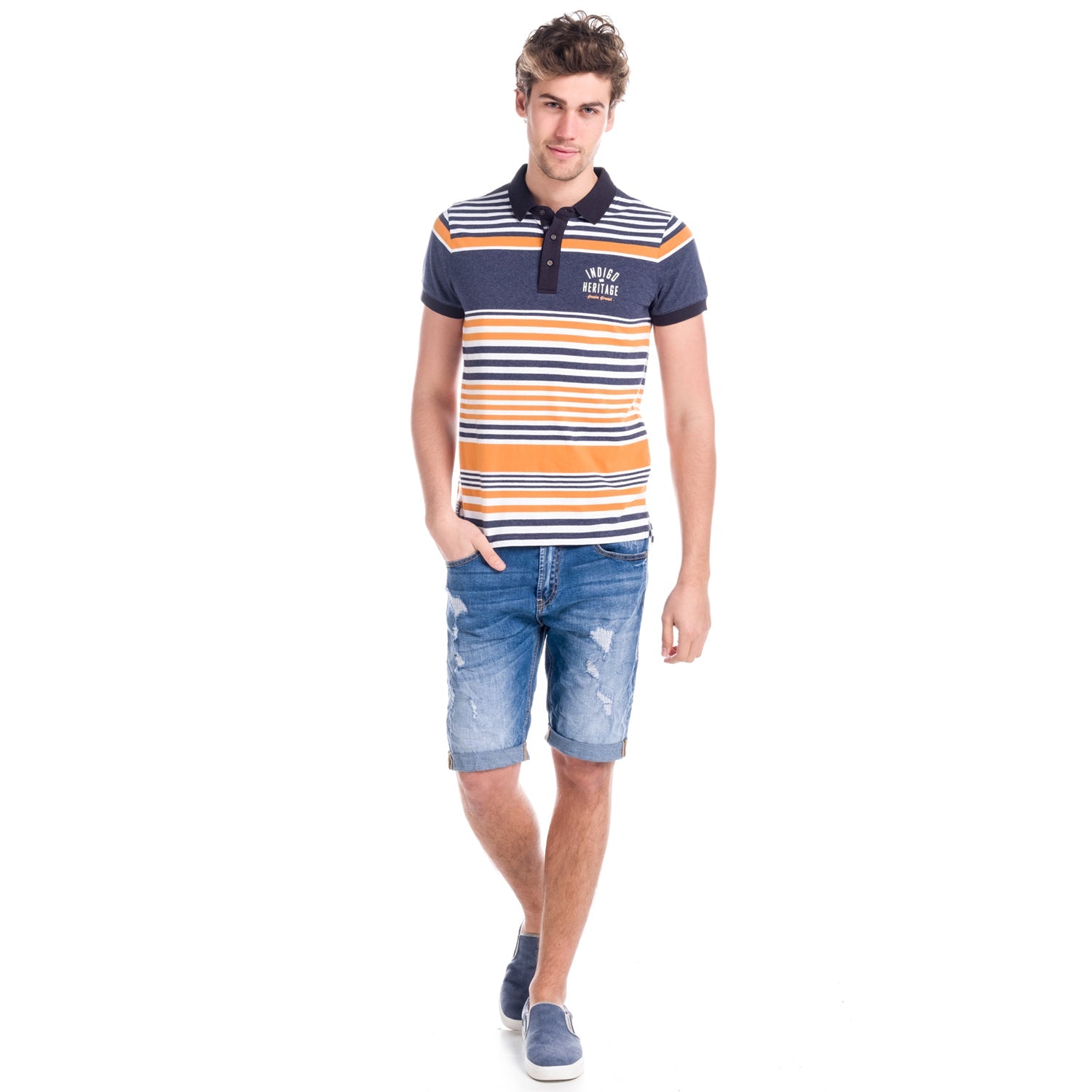 Polo Manga Corta Hombre Rayas Estampado Índigo – Koroshi 1811PC17