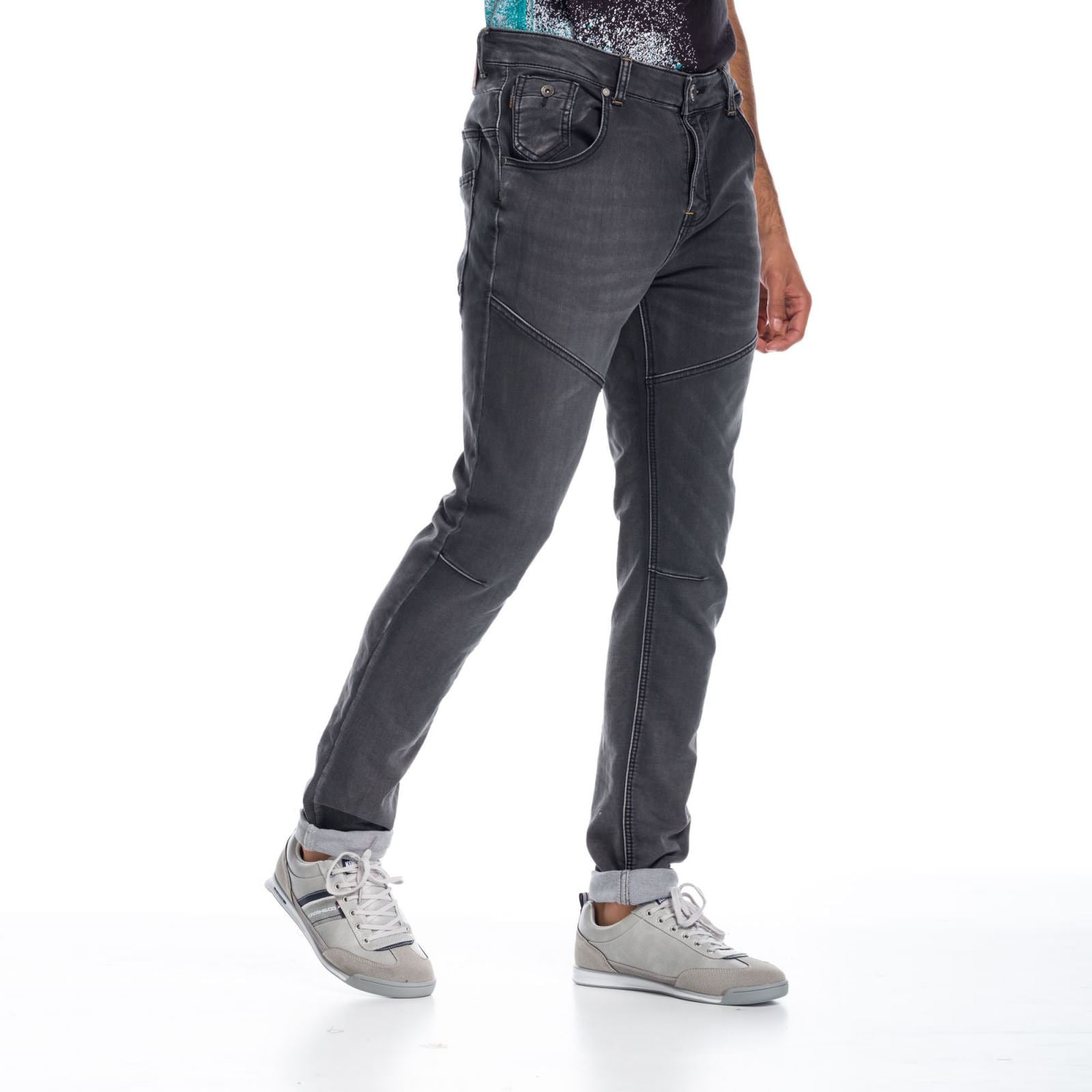 Pantalón Vaquero Slim Hombre con Costuras y Desgastes – Koroshi Negro Denim
