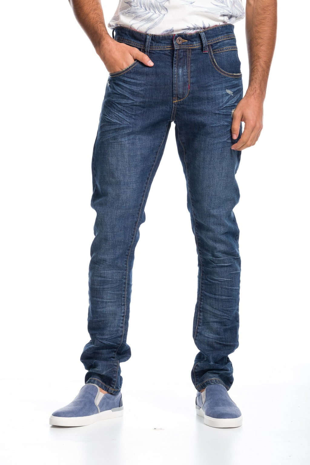 Pantalón Vaquero Straight Hombre Stretch Desgastado – Koroshi Azul Medio