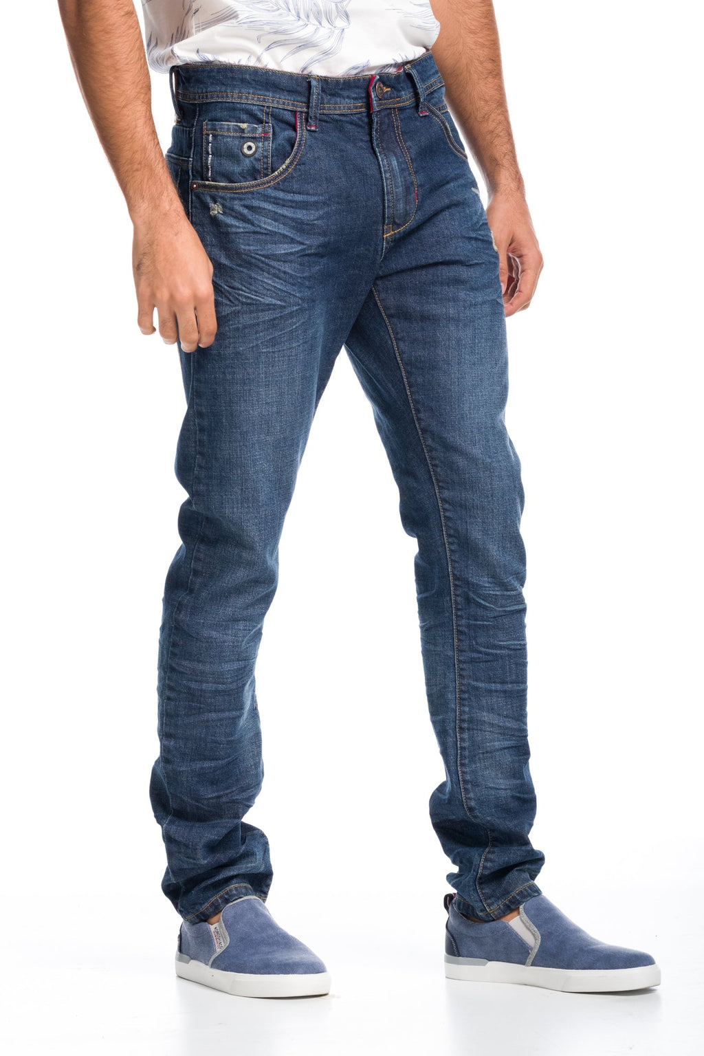 Pantalón Vaquero Straight Hombre Stretch Desgastado – Koroshi Azul Medio