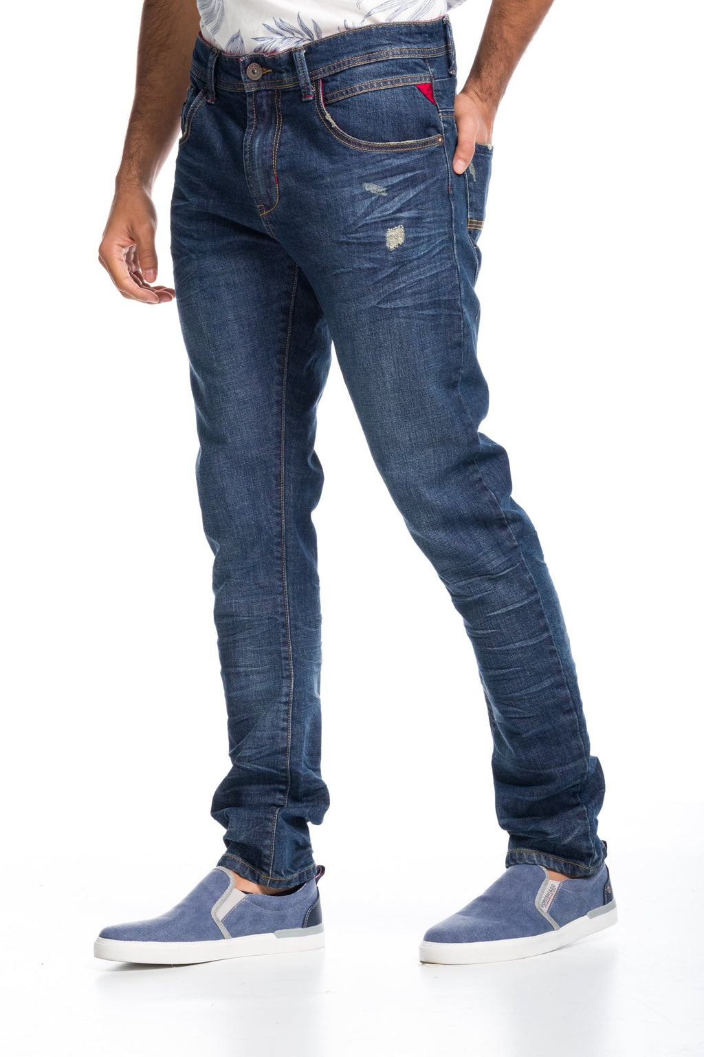 Pantalón Vaquero Straight Hombre Stretch Desgastado – Koroshi Azul Medio