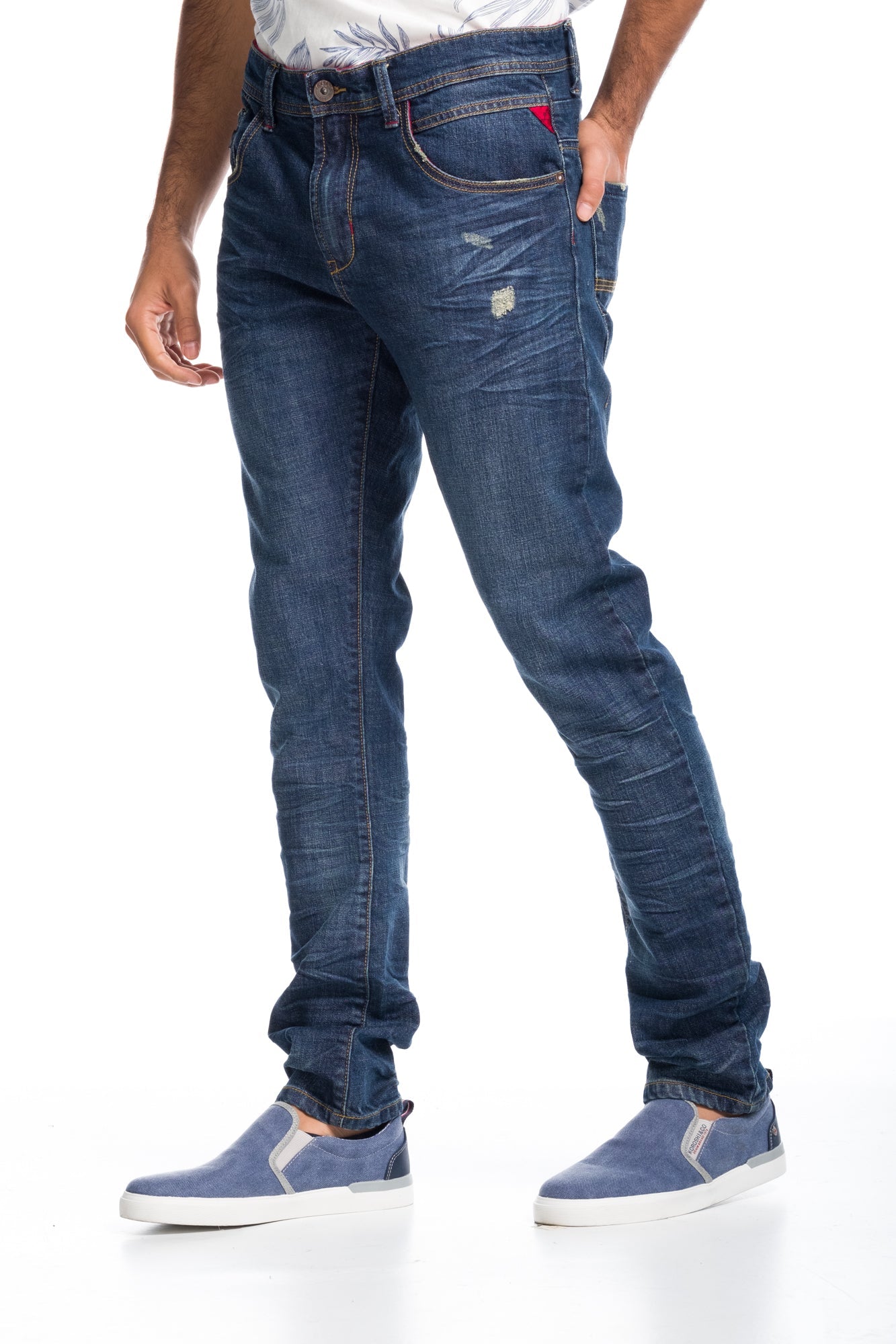 Pantalón Vaquero Straight Hombre Stretch Desgastado – Koroshi Azul Medio