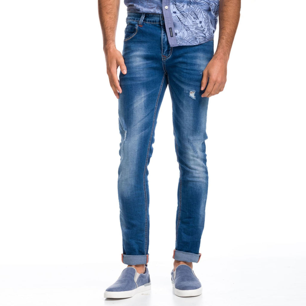 Pantalón Vaquero Slim Hombre con Rotos – Koroshi Azul Medio