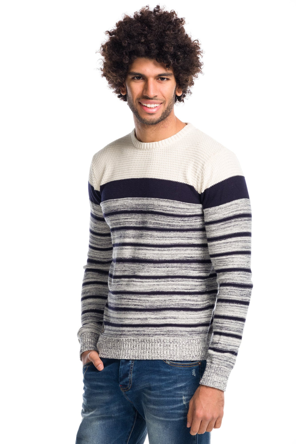 Jersey Tricot de Rayas Hombre Algodón Cuello Redondo – Koroshi 1811TR04