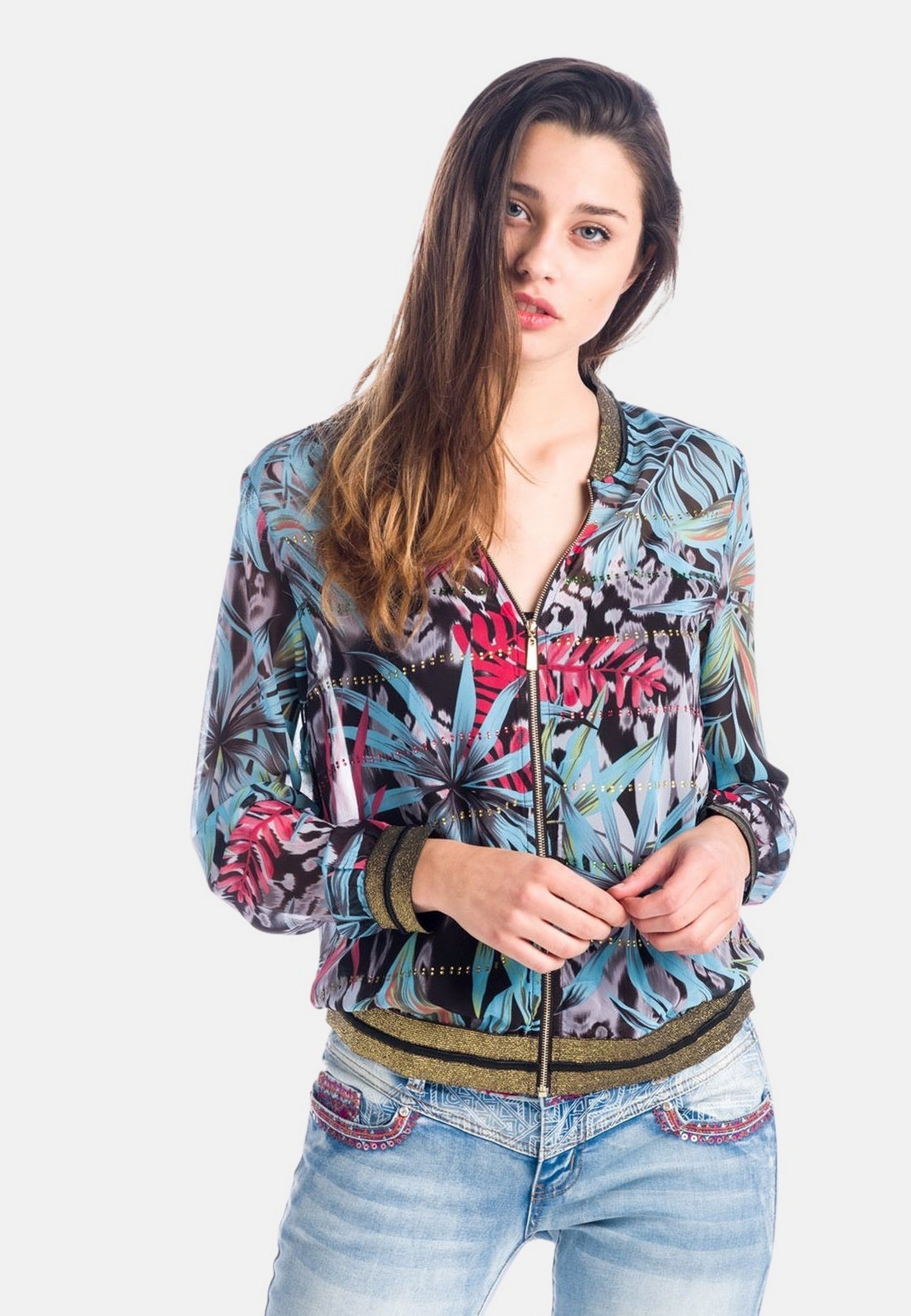 Blusa Mujer Manga Larga Estampado Tropical con Cremallera – Koroshi 1812BL08