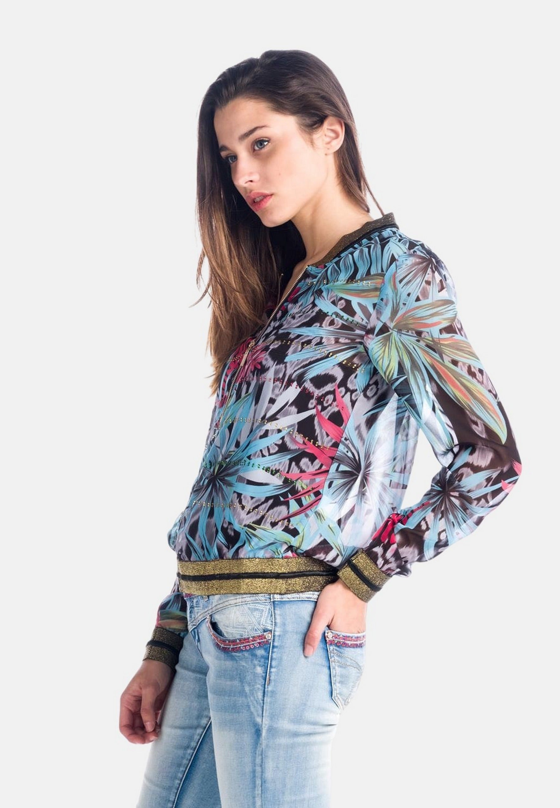 Blusa Mujer Manga Larga Estampado Tropical con Cremallera – Koroshi 1812BL08