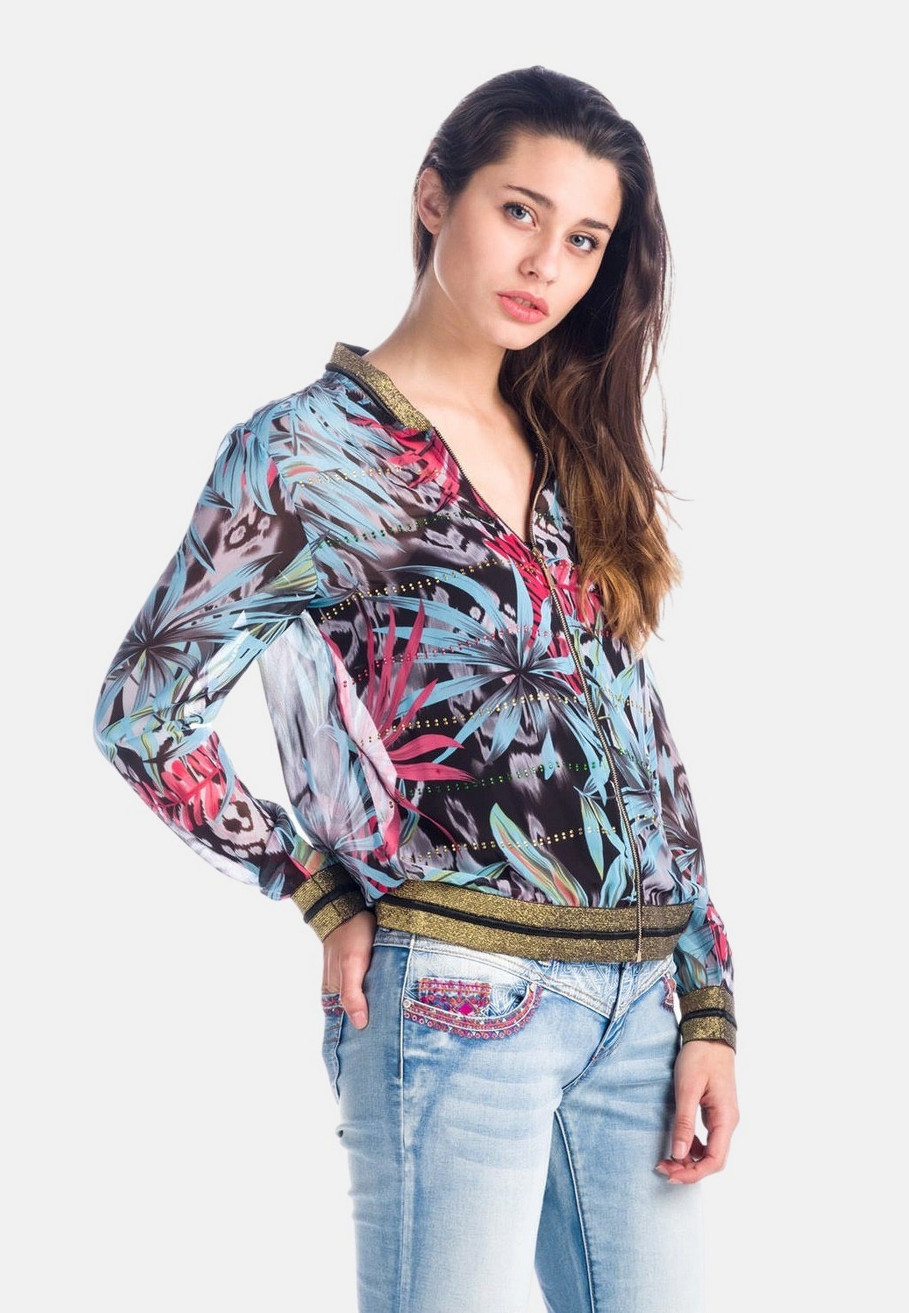 Blusa Mujer Manga Larga Estampado Tropical con Cremallera – Koroshi 1812BL08