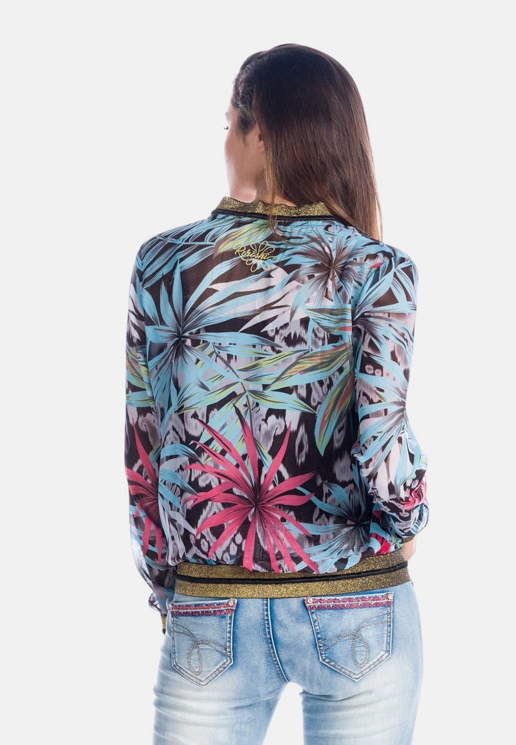 Blusa Mujer Manga Larga Estampado Tropical con Cremallera – Koroshi 1812BL08