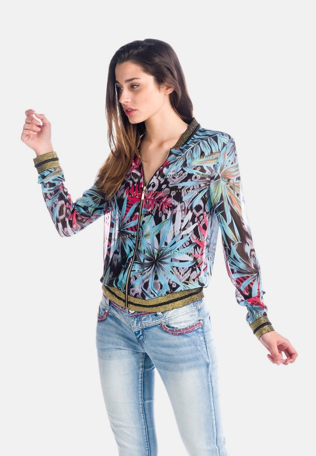 Blusa Mujer Manga Larga Estampado Tropical con Cremallera – Koroshi 1812BL08