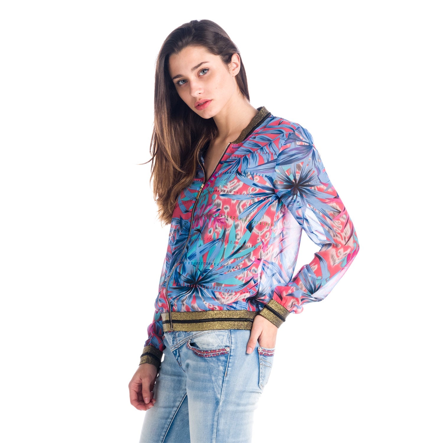 Blusa Mujer Manga Larga Estampado Tropical con Cremallera – Koroshi 1812BL08