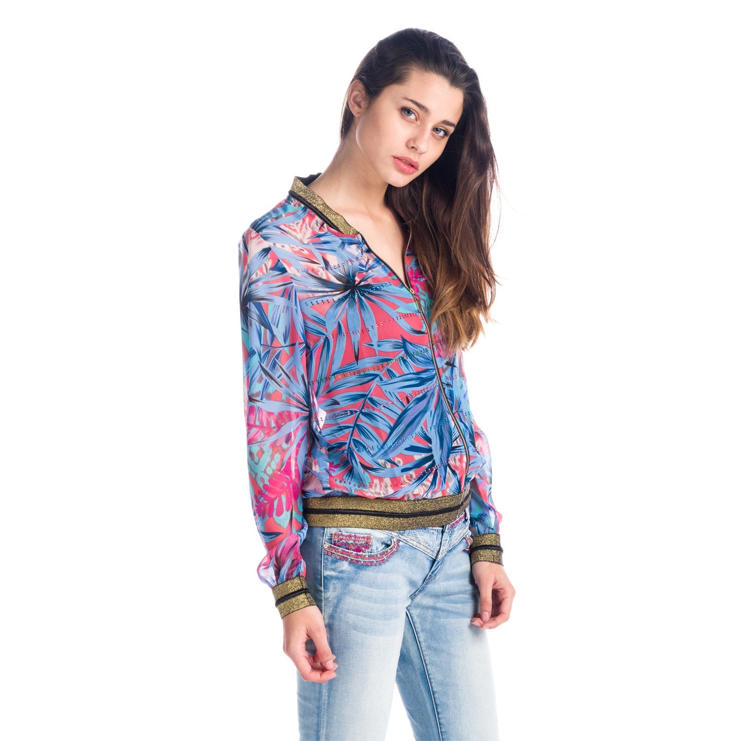 Blusa Mujer Manga Larga Estampado Tropical con Cremallera – Koroshi 1812BL08