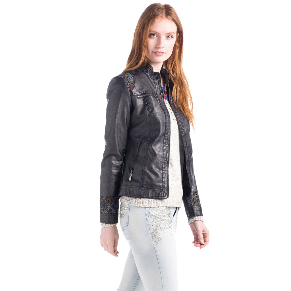 Chaqueta Efecto Piel Cuello Mao con Refuerzos Mujer – Koroshi 1812JA04