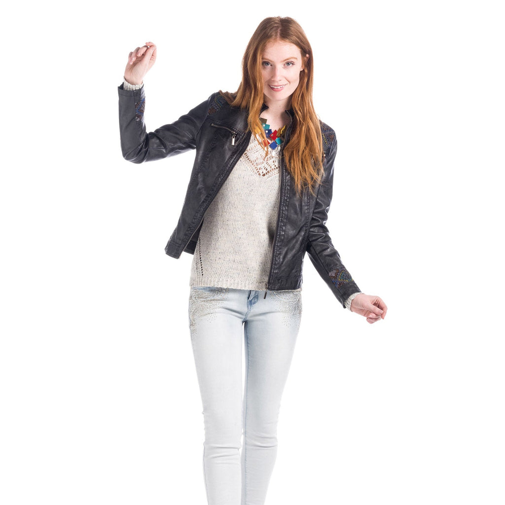 Chaqueta Efecto Piel Cuello Mao con Refuerzos Mujer – Koroshi 1812JA04