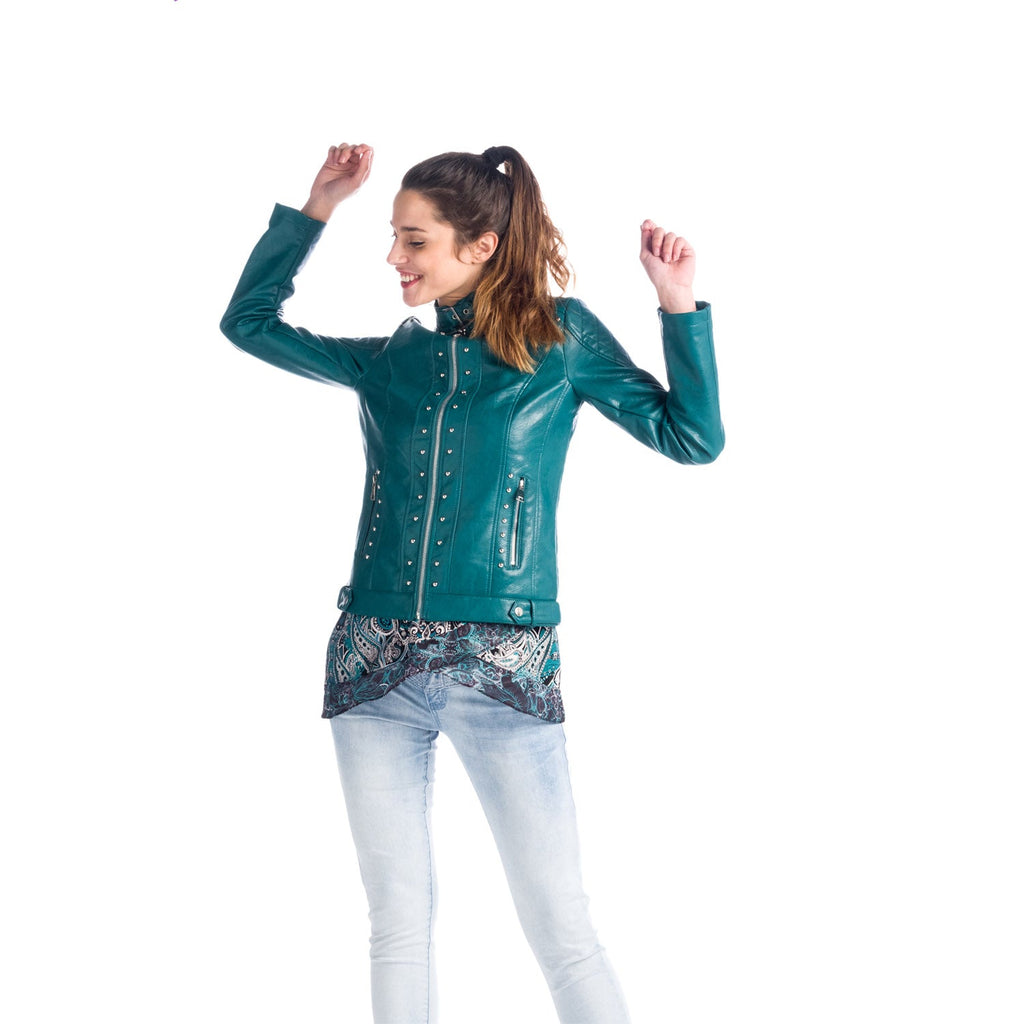 Chaqueta Efecto Piel con Tachas Cuello Mao Mujer – Koroshi Verde Turquesa