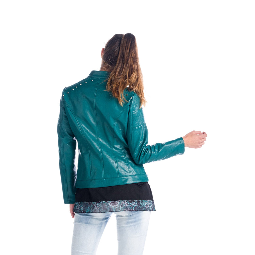 Chaqueta Efecto Piel con Tachas Cuello Mao Mujer – Koroshi Verde Turquesa