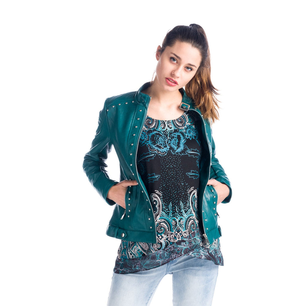 Chaqueta Efecto Piel con Tachas Cuello Mao Mujer – Koroshi Verde Turquesa