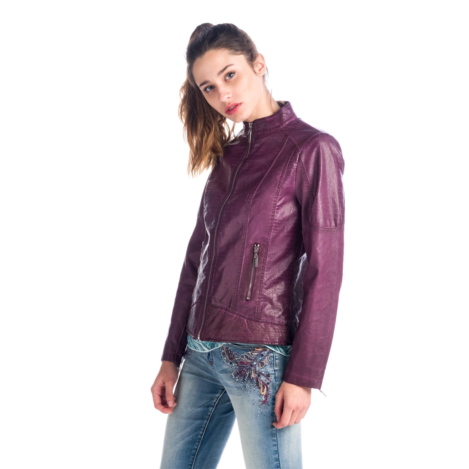 Chaqueta Cazadora Efecto Piel Cuello Mao Animal Print Mujer – Koroshi 1812JA78