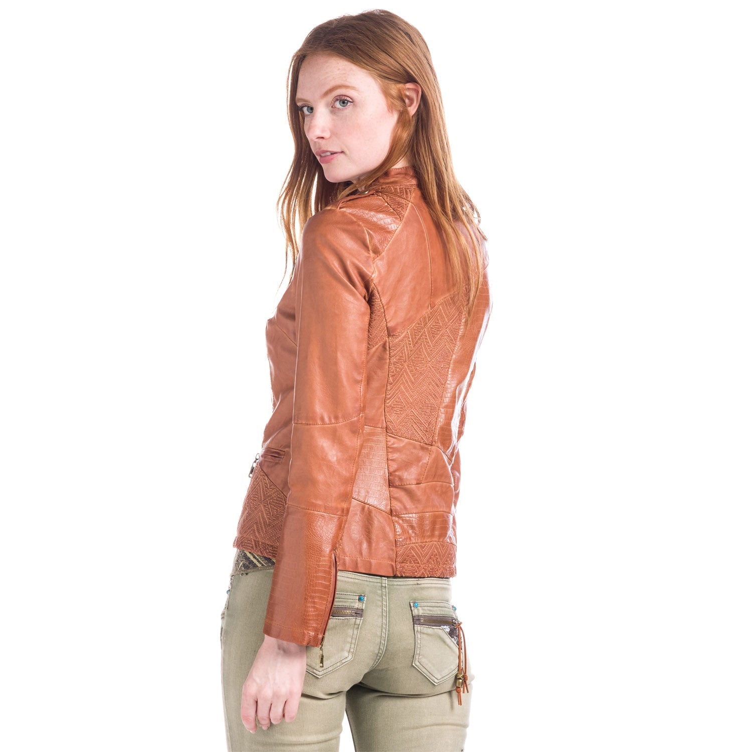 Chaqueta Efecto Piel con Parches Mujer Cuello Mao – Koroshi Camel