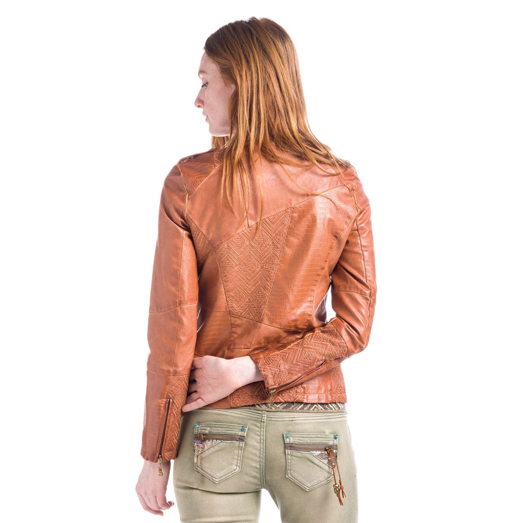 Chaqueta Efecto Piel con Parches Mujer Cuello Mao – Koroshi Camel