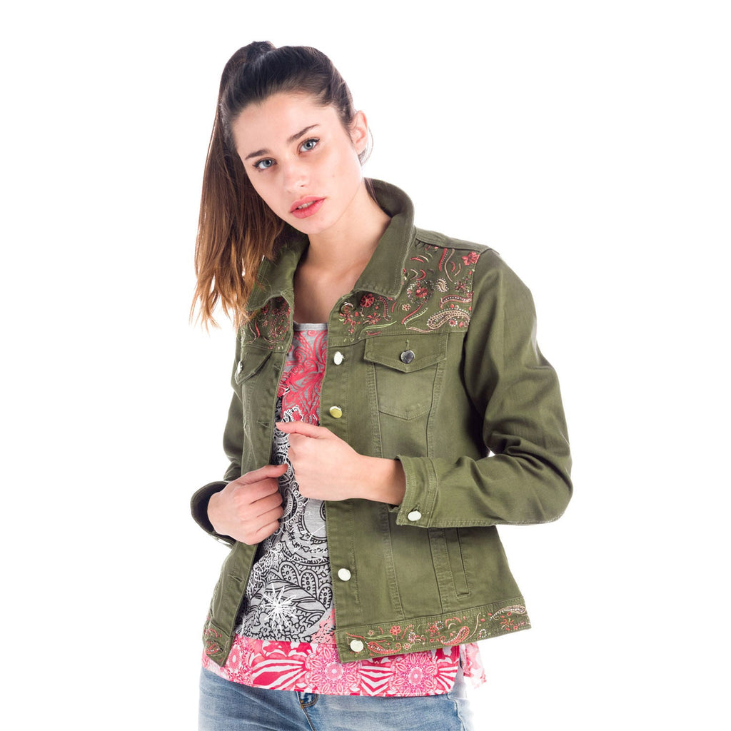 Cazadora Denim Mujer con Bordados Florales – Koroshi Kaki