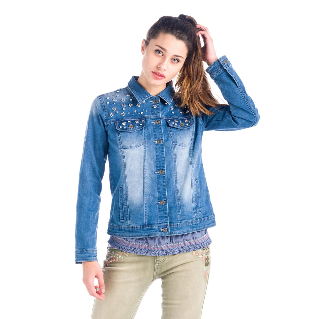 Cazadora Vaquera Mujer con Apliques Florales de Cristal – Koroshi Azul Medio