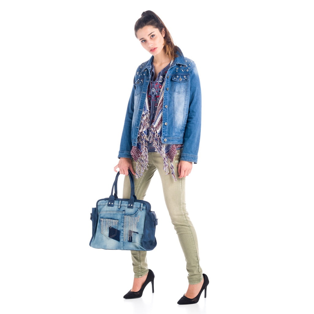 Cazadora Vaquera Mujer con Apliques Florales de Cristal – Koroshi Azul Medio