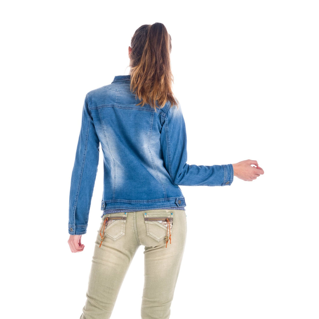 Cazadora Vaquera Mujer con Apliques Florales de Cristal – Koroshi Azul Medio