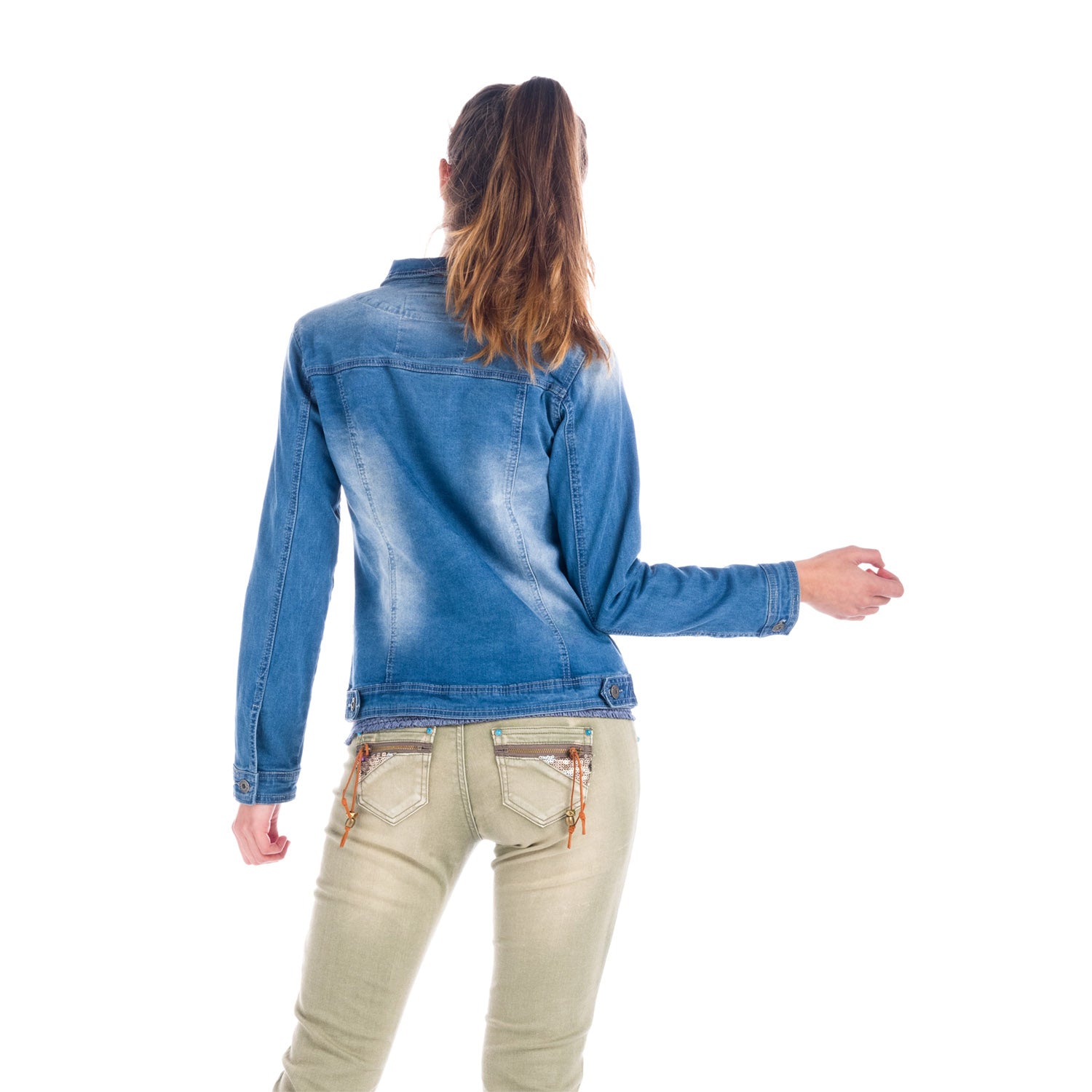 Cazadora Vaquera Mujer con Apliques Florales de Cristal – Koroshi Azul Medio