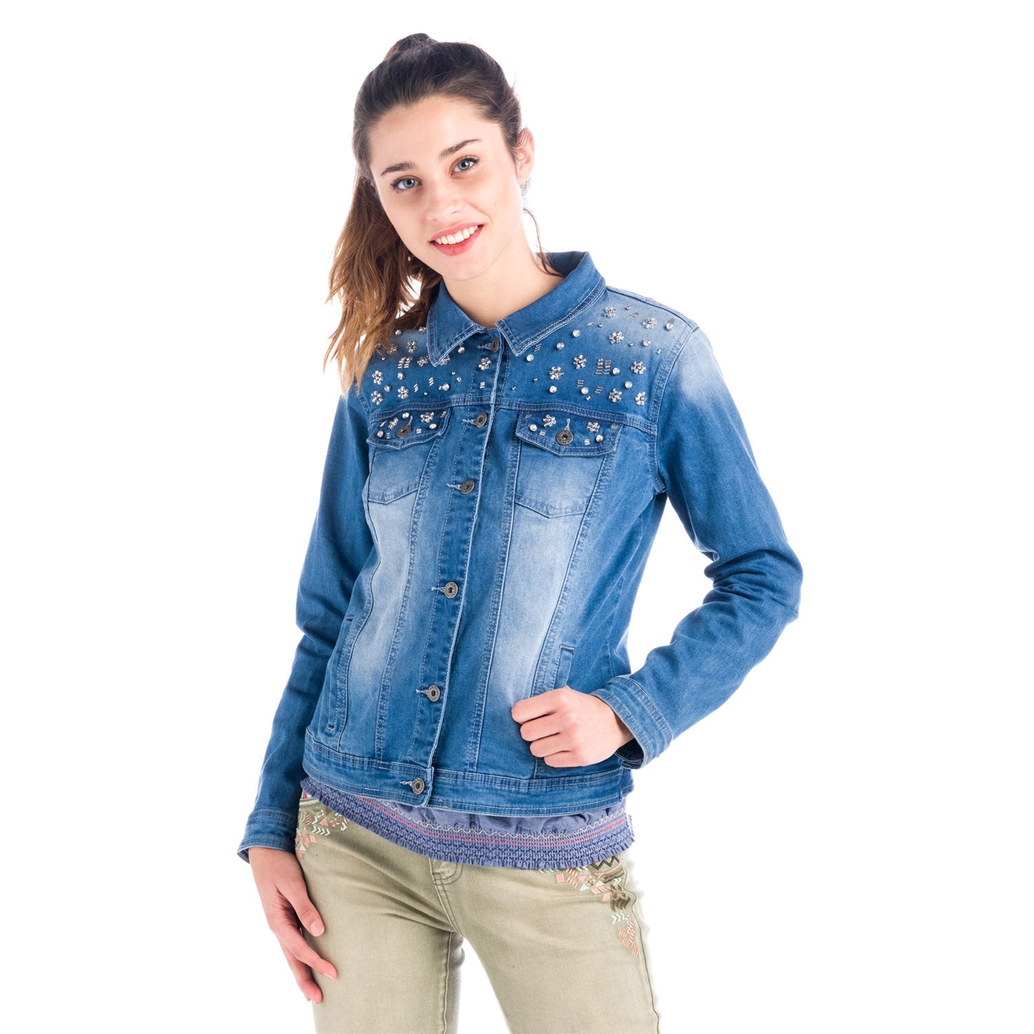 Cazadora Vaquera Mujer con Apliques Florales de Cristal – Koroshi Azul Medio