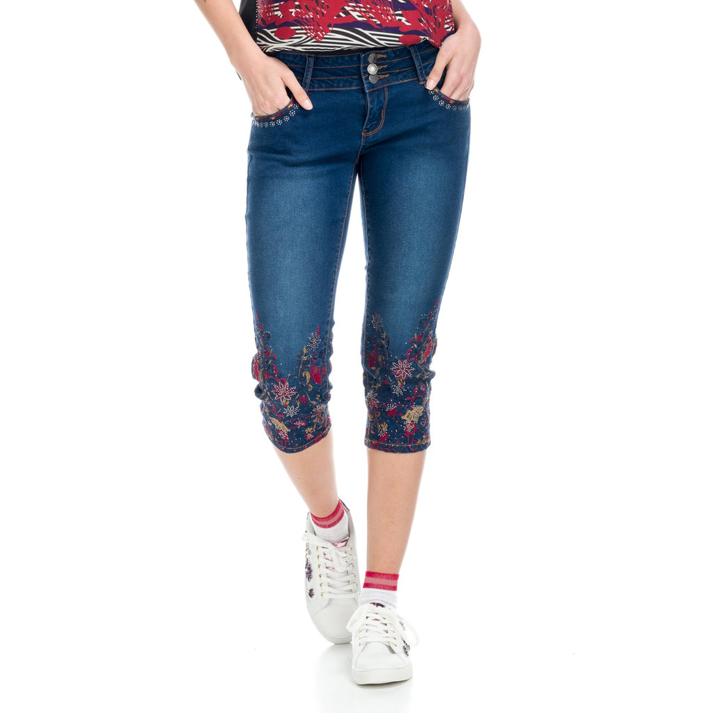 Pantalón Pirata Vaquero Mujer con Bordados Florales – Koroshi Azul Oscuro